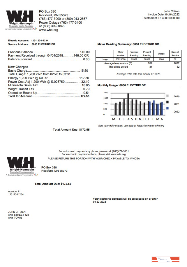 USA Minnesota Wright Hennepin utility bill template in Word and PDF format